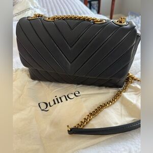 Quince Italian Leather Black Chevron Crossbody Bag with Gold Chain